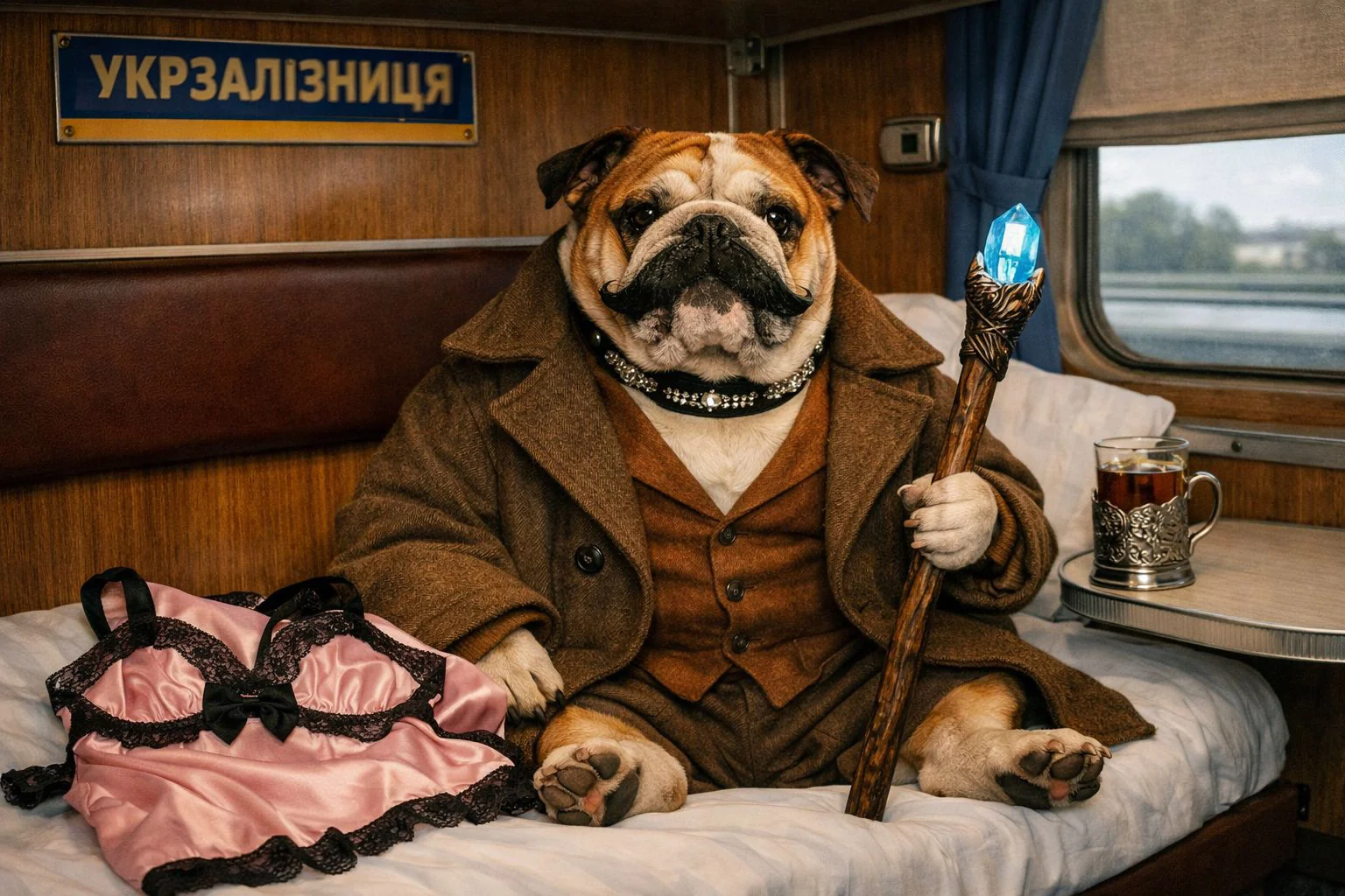 Бульдог у пальті з посохом кристалом у вагоні Укрзалізниці серед загублених речей