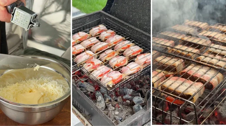 Канапе с беконом и сыром на решётке мангала во время приготовления шашлыка