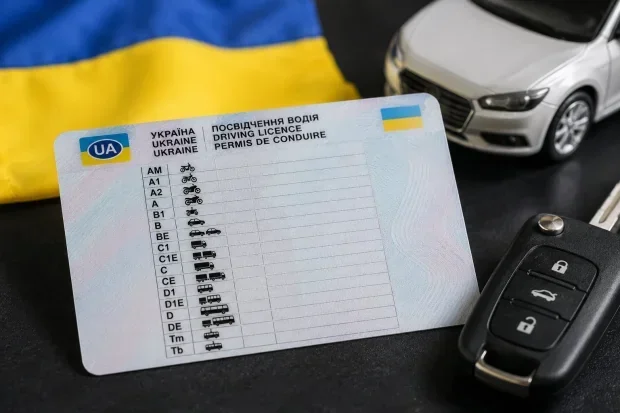 Украинское водительское удостоверение с категориями на фоне флага и ключей авто
