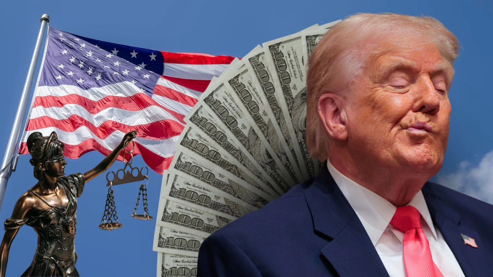Дональд Трамп зі статуєю Феміди та пачками доларів на тлі прапора США